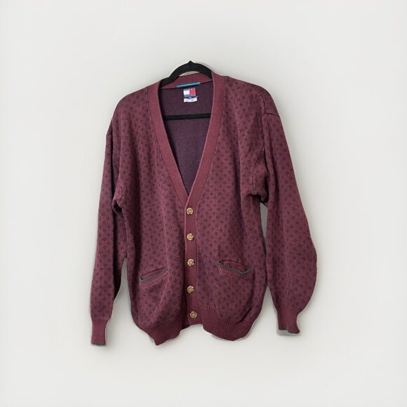 Tommy Hilfiger Vtg Mens Oversized Cotton Cardigan Knit Varsity Sweater Preppy M - Picture 1 of 4